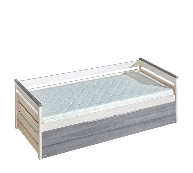 Dětská postel s úložným prostorem Alian 1+2 z masivu, bílá borovice/šedá