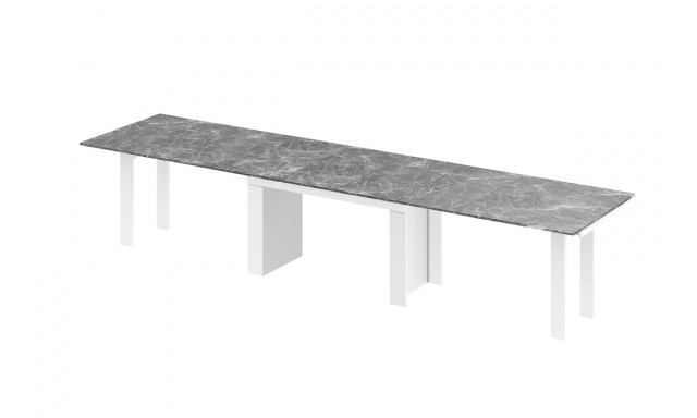 Jídelní stůl Margo- rozklad od 170 cm do 410 cm, deska DARK venatino lesk/ nohy bílý lesk