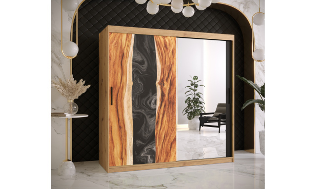 Šatní skříň Zivela 2 se zrcadlem, 180cm, dub artisan/černá/pryskyřice