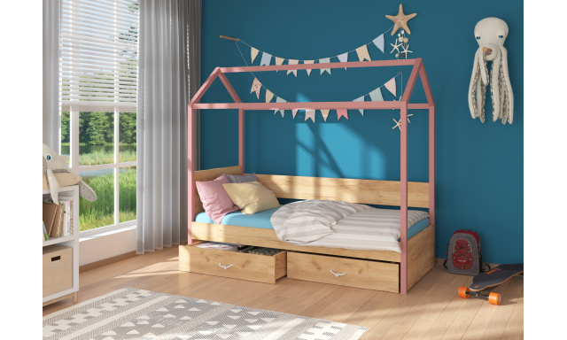 Dětská postel Othelo větší, růžová / dub zlatý + matrace ZDARMA