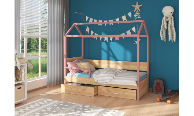 Dětská postel Othelo se zábranou, růžová / dub zlatý + matrace ZDARMA
