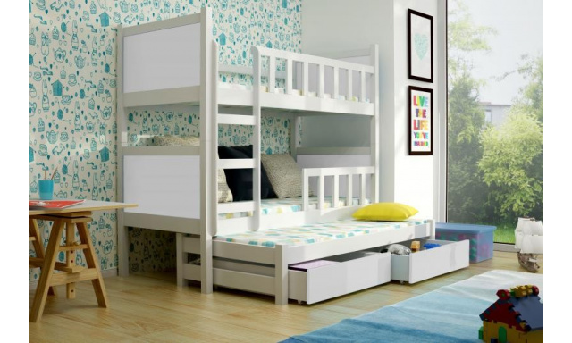 Dětská  postel pro 3 děti Paris, bílá + MATRACE