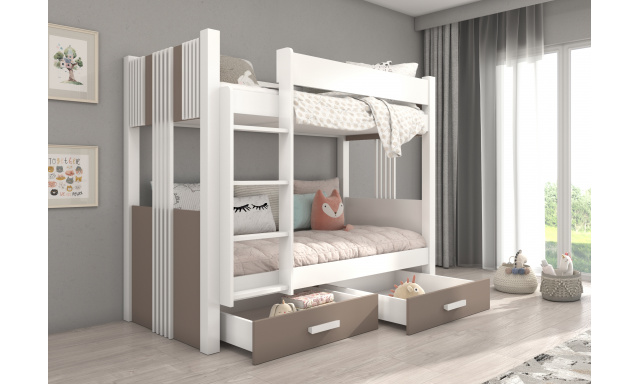 Patrová postel pro 2 děti, 200x90cm, bílá/trufel