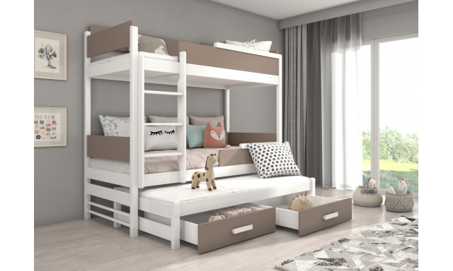 Patrová postel pro 3 děti Krosno, 200x90cm, bílá/trufel