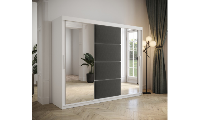 Šatní skřín Tempica 250cm se zrcadlem, bílá/šedý panel