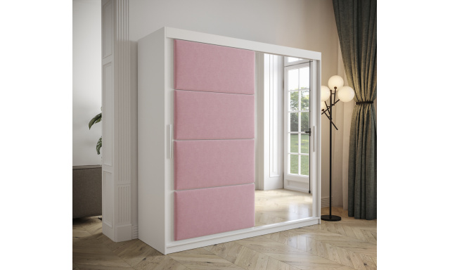 Šatní skřín Tempica 200cm se zrcadlem, bílá/růžový panel