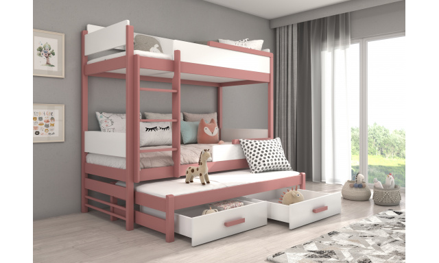 Patrová postel pro 3 děti Krosno, 200x90cm, bílá/růžová