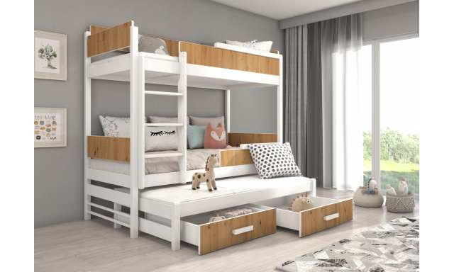 Patrová postel pro 3 děti Krosno, 200x90cm, bílá/dub artisan