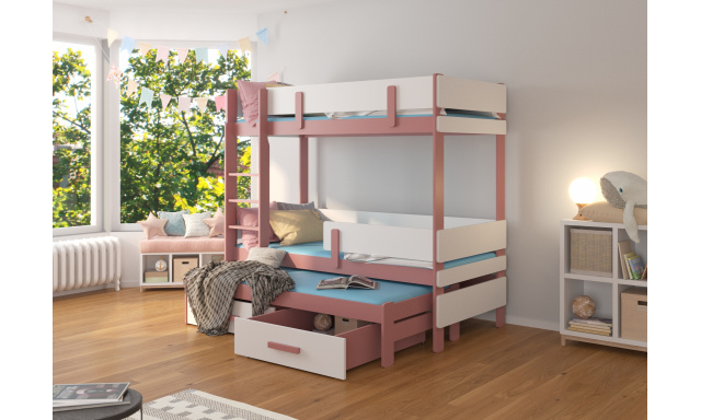 Patrová postel pro 3 děti Ende, 200x90cm, růžová/bílá