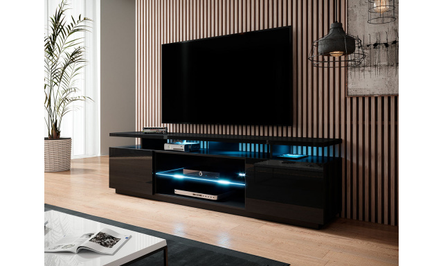 Kvalitní TV stolek Eremko, MDF černý lesk + LED podsvícení