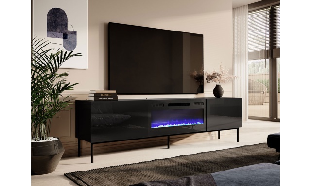 Moderní TV stolek s elektrickým krbem Sindy, černá / černý kov