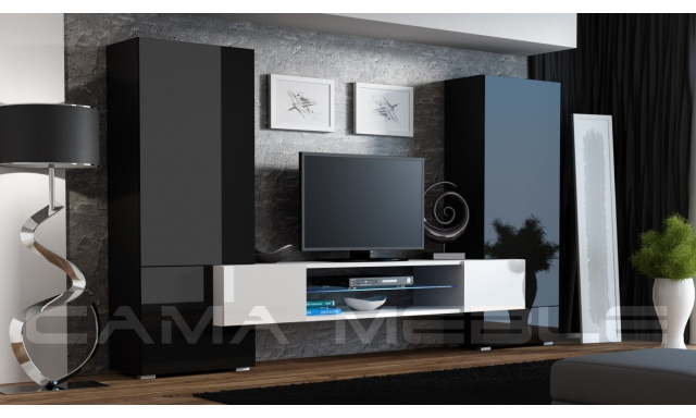 Moderní obývací stěna Diego, černá s bílým TV stolkem