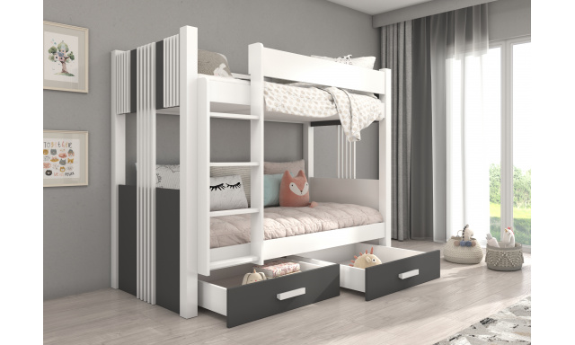 Patrová postel pro 2 děti, 200x90cm, bílá/tmavě šedá
