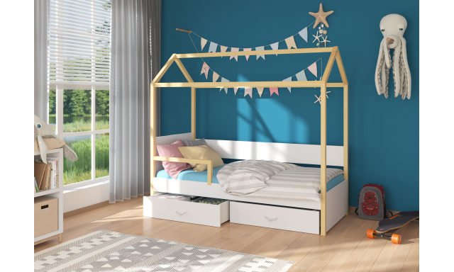 Dětská postel Othelo větší se zábranou, borovice / bílá + matrace ZDARMA