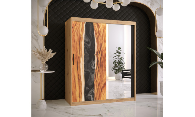 Šatní skříň Zivela 2 se zrcadlem, 150cm, dub artisan/černá/pryskyřice