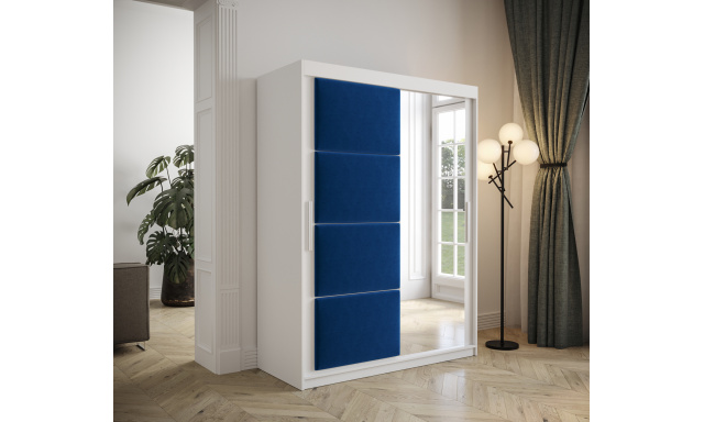 Šatní skřín Tempica 150cm se zrcadlem, bílá/modrý panel