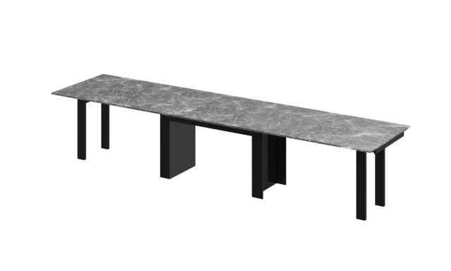 Jídelní stůl Margo- rozklad od 170 cm do 410 cm, deska DARK venatino lesk/ nohy černý lesk