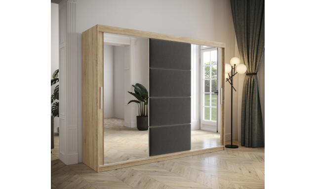 Šatní skřín Tempica 250cm se zrcadlem, sonoma/šedý panel