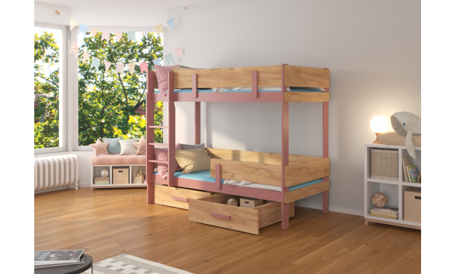 Patrová postel pro 2 děti Estera, 200x90cm, dub zlatý/růžová