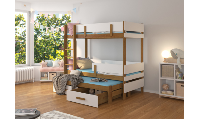 Patrová postel pro 3 děti Ende, 200x90cm, dub/bílá