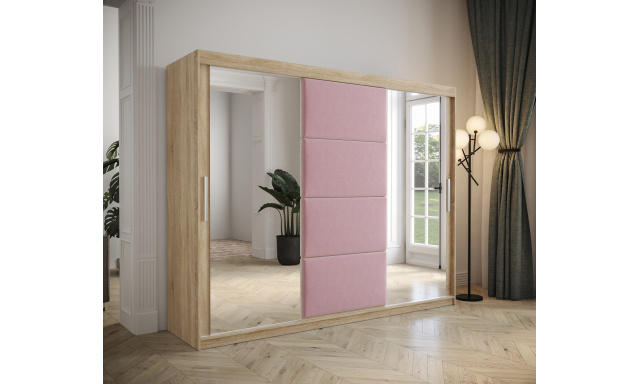 Šatní skřín Tempica 250cm se zrcadlem, sonoma/růžový panel