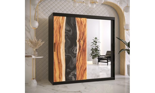 Šatní skříň Zivela 2 se zrcadlem, 180cm, černá/pryskyřice