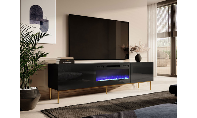 Moderní TV stolek s elektrickým krbem Sindy, černá / zlatý kov