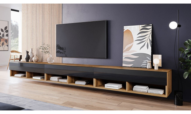 TV stolek Lebeno 300, dub wotan/černý lesk s LED osvětlením