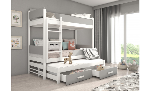 Patrová postel pro 3 děti Krosno, 200x90cm, bílý mat/šedá