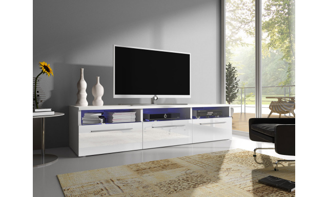 Moderní TV stolek Rabia 150, bílá/bílý lesk + LED