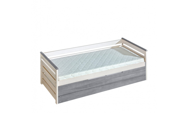 Dětská postel s úložným prostorem Alian 1+2 z masivu, bílá borovice/šedá