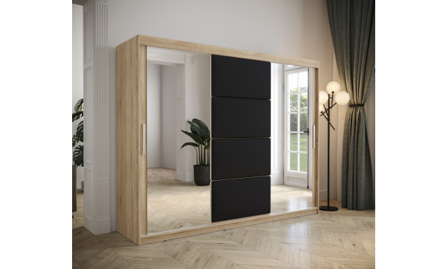 Šatní skřín Tempica 250cm se zrcadlem, sonoma/černý panel