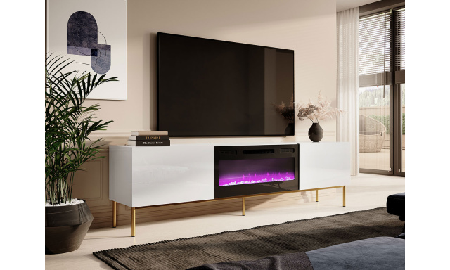 Moderní TV stolek s elektrickým krbem Sindy, bílá / zlatý kov