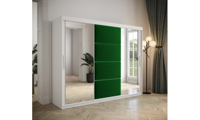 Šatní skřín Tempica 250cm se zrcadlem, bílá/zelený panel