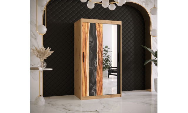 Šatní skříň Zivela 2 se zrcadlem, 100cm, dub artisan/černá/pryskyřice