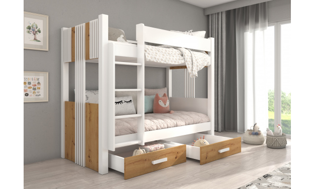Patrová postel pro 2 děti, 200x90cm, bílá/dub artisan