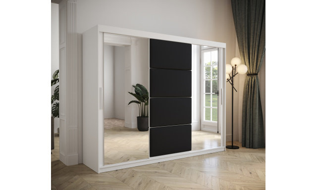 Šatní skřín Tempica 250cm se zrcadlem, bílá/černý panel