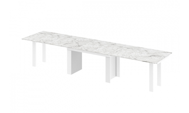 Jídelní stůl Margo- rozklad od 170 cm do 410 cm, deska WHITE venatino lesk/ nohy bílý lesk