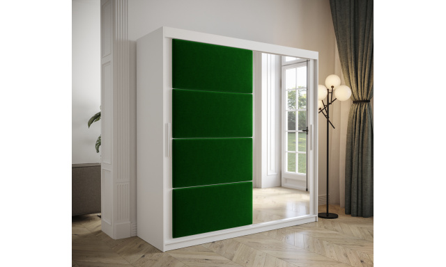 Šatní skřín Tempica 200cm se zrcadlem, bílá/zelený panel