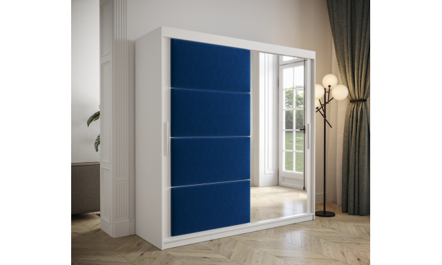 Šatní skřín Tempica 200cm se zrcadlem, bílá/modrý panel