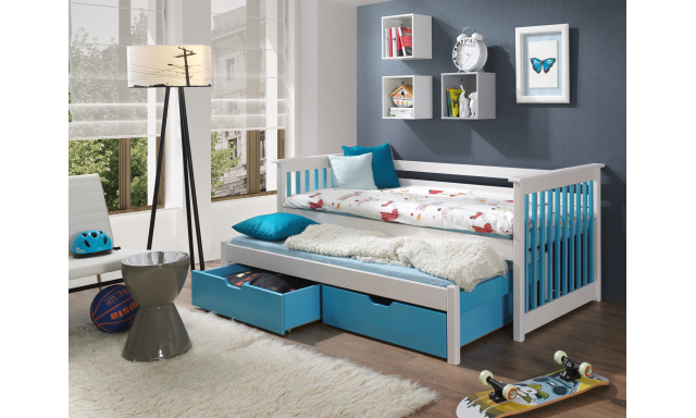Moderní dětská postel Sambor pro 2 děti, bílá/modrá (180x80cm)