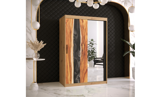 Šatní skříň Zivela 2 se zrcadlem, 120cm, dub artisan/černá/pryskyřice