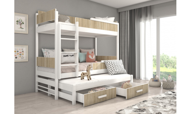 Patrová postel pro 3 děti Krosno, 200x90cm, bílá/dub