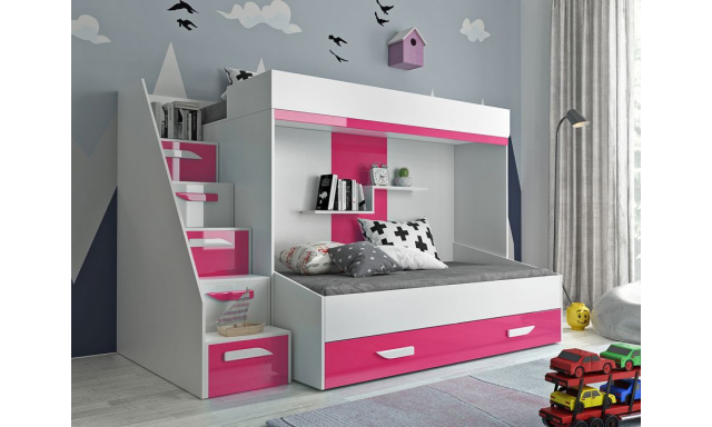 Dětská postel pro 2 děti Paros, bílá/růžový lesk