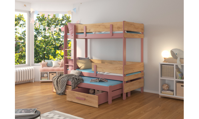 Patrová postel pro 3 děti Ende, 200x90cm, dub/růžová