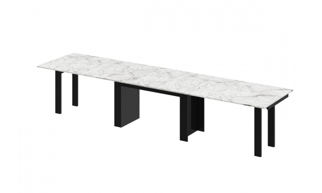Jídelní stůl Margo- rozklad od 170 cm do 410 cm, deska WHITE venatino lesk/ nohy černý lesk