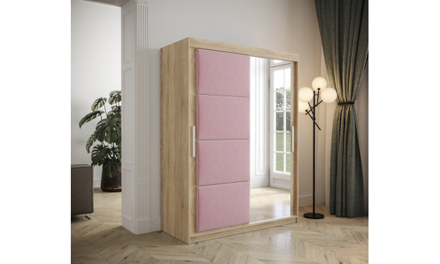 Šatní skřín Tempica 150cm se zrcadlem, sonoma/růžový panel