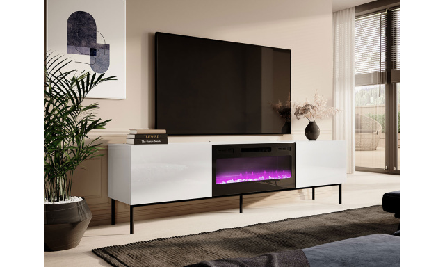 Moderní TV stolek s elektrickým krbem Sindy, bílá / černý kov