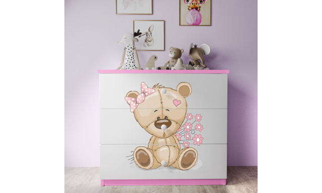 Dětská komoda Sen růžová - Medvěd s mašlí