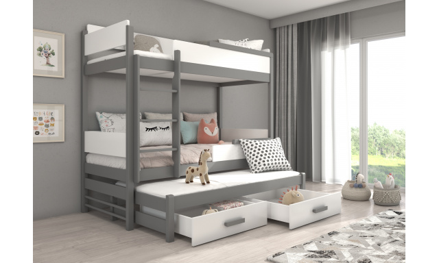 Patrová postel pro 3 děti Krosno, 200x90cm, bílá/šedá
